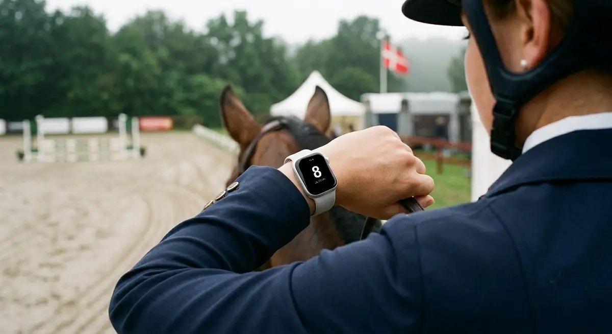 A rider on horseback looking at their watch. It reads 8 and about 12 min.
